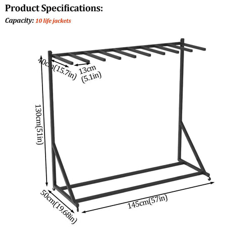 Heavy Duty Life Vest Holder Rack With Smooth Locking Wheels, 2 tier design, measures 145cm wide, capable of holding 10 life jackets.