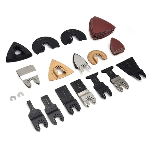 Wood Oscillating Multitool Blade Kit All-In-One 88 Piece Set with assorted blades, sandpaper, and gaskets on white background