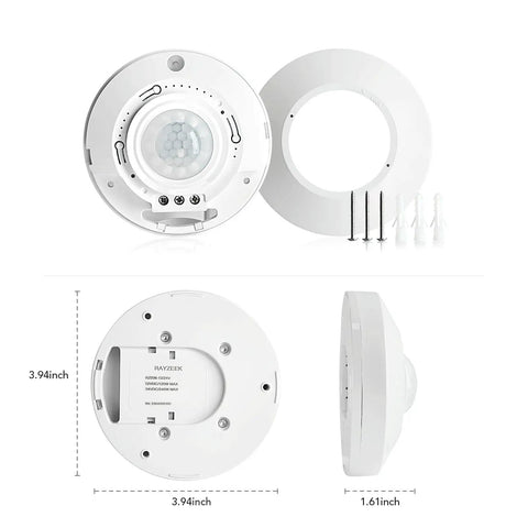 12 24V DC Ceiling Motion Sensor Switch With PIR Occupancy Detection, 360 Degree Coverage, shown with mounting hardware