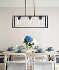 Classic Pendant Lighting For Kitchen Island With Hammered Glass Shades 3 Light Linear Modern Farmhouse Chandelier In Matte Black Finish For Vaulted Or Sloped Ceilings Vibe Is Lit over dining table