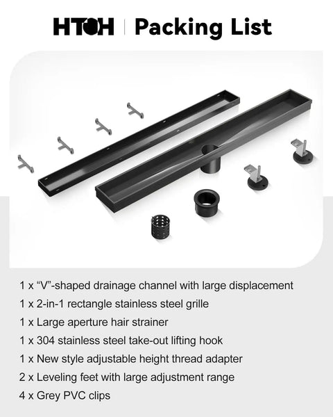 High Capacity Linear Shower Drain Matte Black 24 Inch Large components including V-shaped channel, stainless steel grille, hair strainer, and clips.