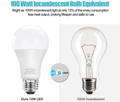 Comparison of Powerful 100W Equivalent E26 LED Bulb Daylight White 6500K and traditional 100W incandescent bulb