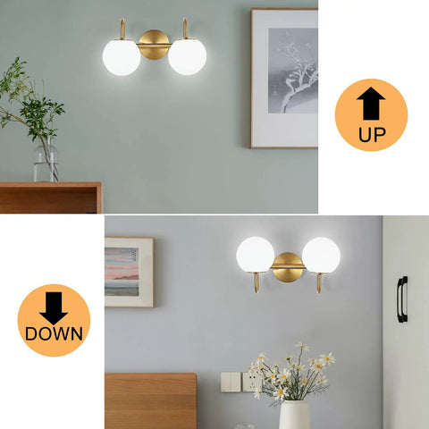 Modern Bathroom Vanity Light Fixtures With Two Lights Brushed Brass Finish And Milk White Globe Glass Shade Wall Bar Sconce Lighting Over Mirror