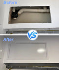 Before and after of Custom Sized Black Drywall Access Panel With Slick Touch Latch And Heavy Duty Aluminum Frame for ceilings and walls.