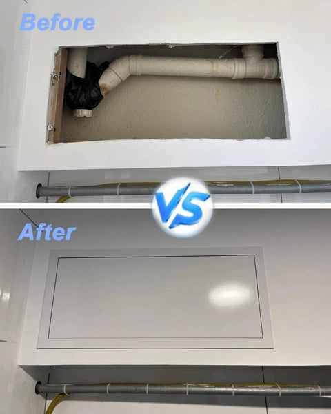 Before and after of Custom Sized Black Drywall Access Panel With Slick Touch Latch And Heavy Duty Aluminum Frame for ceilings and walls.