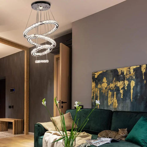 Dope Four Ring LED Crystal Chandelier Modern Flush Mount Ceiling Light With Adjustable Stainless Steel Pendant Design DIY Shape