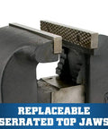 Close-up of Heavy Duty Bench Vise With Eight Inch Jaw Width and Eight Inch Max Opening showing replaceable serrated top jaws.