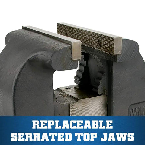 Close-up of Heavy Duty Bench Vise With Eight Inch Jaw Width and Eight Inch Max Opening showing replaceable serrated top jaws.