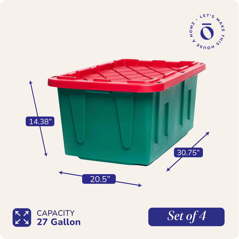 Stackable Plastic Storage Bins With Secure Lids, 27 Gallon Heavy Duty Snap Lock Totes, Sturdy Containers For Holiday Cheer And Seasonal Hoards, Red And Green Set Includes Four Totes, Built To Handle Any Task Like A Champ And Keep Your Space Looking Crisp