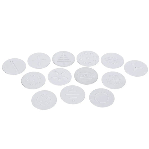 Thirteen metal cookie molds from the Stainless Steel Cookie Press Kit With Pro Grade 13 Cookie Molds And 7 Decorating Nozzles For Cakes And Pastries.