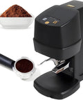 Heavy Hitter Automatic Coffee Tamper With Intelligent Auto Fill Doser For 58mm Portafilter with coffee grounds and portafilter.