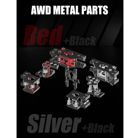 AWD metal parts for Voron and Trident 3D printers, red and silver CNC machined components, precision engineered upgrades.