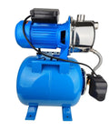 Side view of Powerhouse 1.6HP Shallow Well And Pressure Booster Pump 110V Stainless Steel Water Transfer Pump, blue tank