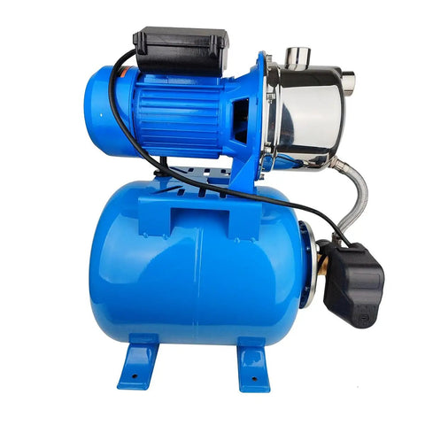 Side view of Powerhouse 1.6HP Shallow Well And Pressure Booster Pump 110V Stainless Steel Water Transfer Pump, blue tank
