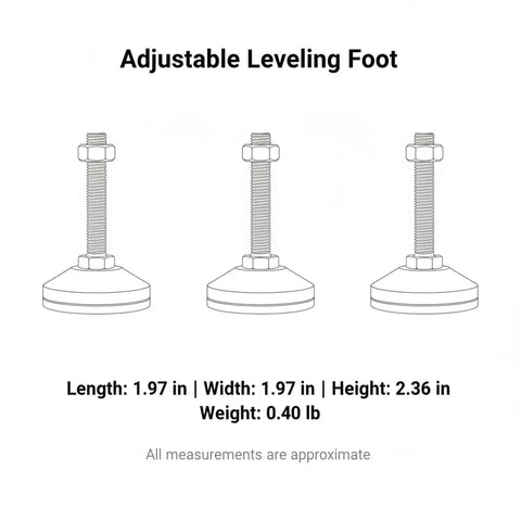 Diagram of Adjustable Leveling Foot For Furniture To Stop Wobble On Irregular Floors, dimensions and measurements shown.