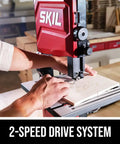 Person using 2.8 Amp 9 Inch Benchtop Band Saw for Woodworking, 2-Speed Drive, cutting wood in a workshop setting.