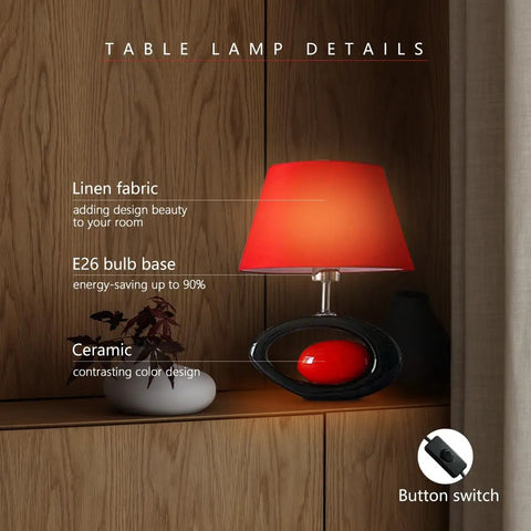 Red Modern Table Lamp With Ceramic Body And Linen Shade, LED Desk Light For Home And Office on wooden shelf