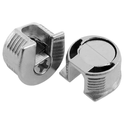 Top Rated Thread Cam Lock Cabinet Shelf Brackets With Tight Grip Stud Pins Silver Finish For Wooden Furniture And Closet Doors Built Tough Hardware Heavy Duty Hold Pack Of Ten close-up of two zinc alloy studs showcasing silver finish and locking mechanism.
