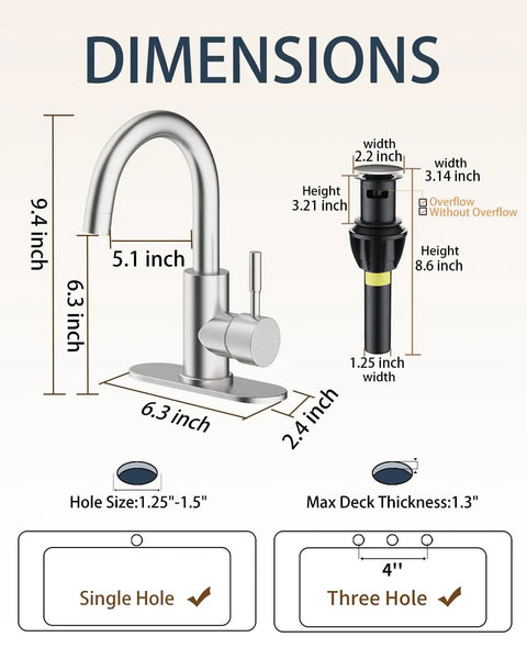 No Fuss Single Handle Bathroom Sink Faucet With Pop Up Drain And Six Inch Deck Plate For Kitchen Bar Camper Farmhouse Vanity Quick One Or Three Hole Setup Lead Free Polish