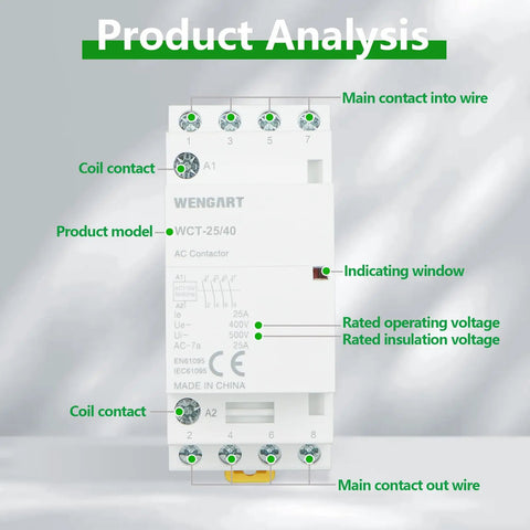 Rugged 25A AC Contactor Featuring Four Normally Open Terminals And Din Rail Mounting A Smooth Operator For Darn Easy Smart Home Mods EV Charger Installations HVACs And Multi Circuit Lighting Controls 120V Coil White close-up diagram highlighting main contacts and model details.