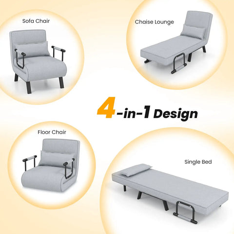 4-In-1 Convertible Sofa Bed Sleeper Chair With 6-Position Adjustable Backrest, Pillow, Metal Legs, Linen Upholstery, Gray in 4 designs
