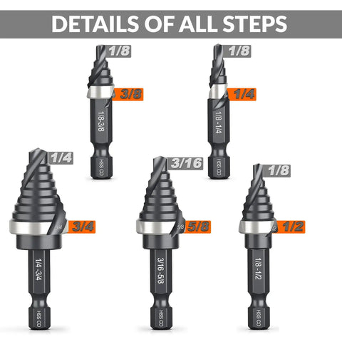 Image of M35 Cobalt Spiral Flute Step Drill Bit Set Five Piece Range 1/8 To 3/4 Inch With 1/4 Inch Shank HSS Step Bits for Metal Aluminum Steel