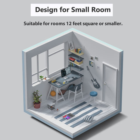 Design for small room with desk, shelves, window, and cat-friendly decor; suitable for rooms 12 feet square or smaller.