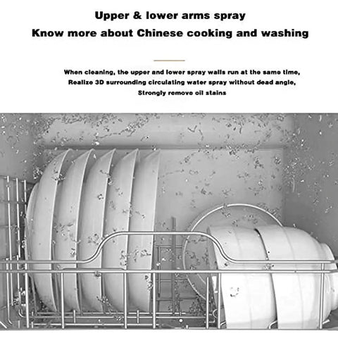 Fully Automatic Countertop Dishwasher With 5L Built In Water Tank And Inlet Hose Featuring Five Programs Rapid 40 Minute Steam showing upper and lower spray arms in action.