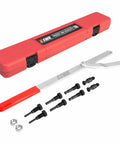 EWK camshaft pulley holder and fan clutch removal tool set in red case; metal wrench with four pins and bolts.