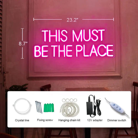 This Must Be The Place Neon Sign Pink Wall Decor For Bedroom And Party Vibes, Large Quote Neon Light 23 by 9 inches.