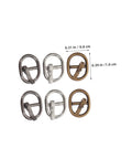 150 Pieces Mini Belt Fasteners Tiny Alloy Buckles For Doll Clothes And Shoes Diy Crafting Mixed Silver Gunmetal Antique Bronze Colors Easy Assembly Miniature Sewing Accessories shown in silver, gunmetal, and antique bronze with measurements.