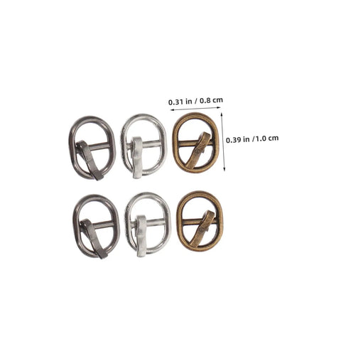 150 Pieces Mini Belt Fasteners Tiny Alloy Buckles For Doll Clothes And Shoes Diy Crafting Mixed Silver Gunmetal Antique Bronze Colors Easy Assembly Miniature Sewing Accessories shown in silver, gunmetal, and antique bronze with measurements.