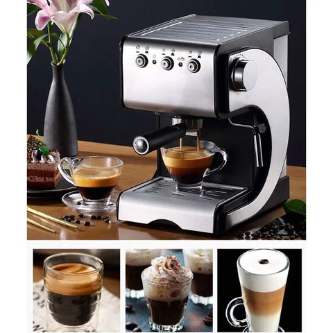 Pro Grade Commercial Semi Automatic Espresso Machine In Stainless Steel With High Pressure Steam Milk Frother Wand 20 Bar Extraction 110-240V For Busy Cafes on counter with espresso cups