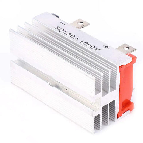 Rock Solid Three Phase Rectifier Bridge Module 50A 1200V High Power Diode in silver aluminum with red terminal for industrial use.
