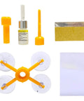 DIY Windshield Chip And Crack Repair Kit For Cars with suction device, resin bottle, yellow tools, and cleaning pad