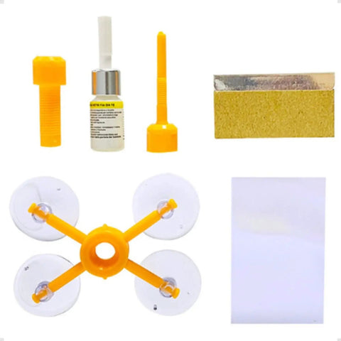 DIY Windshield Chip And Crack Repair Kit For Cars with suction device, resin bottle, yellow tools, and cleaning pad