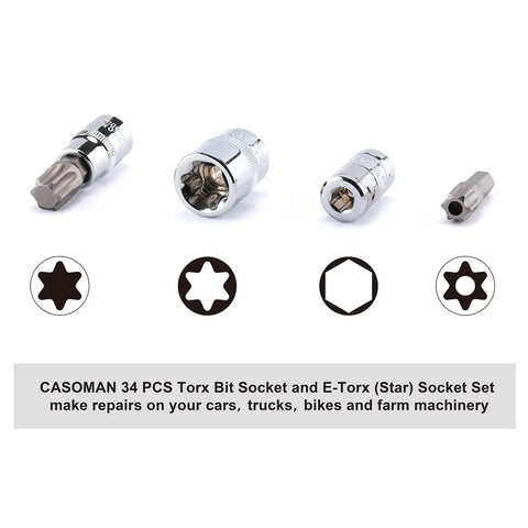 34 Piece Torx Bit Socket Set With E-Torx Sockets Three Eighths Inch Drive CR-V And S2 Steel T10 To T60 TT10-TT55 Tamper Proof
