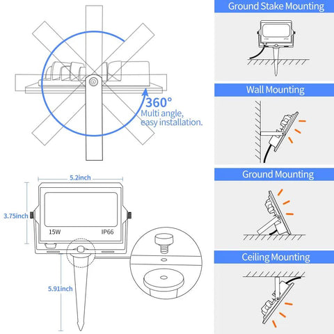 Diagram showing 4 Pack RGB LED Flood Lights With Stake Outdoor Color Changing Party Lights 360-degree adjustable installation.