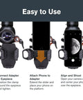 NexYZ Universal Smartphone Adapter for Telescope Binoculars and Spotting Scopes shown with easy-to-use 3-axis alignment steps.