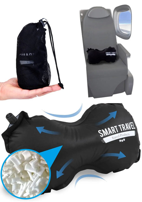 Inflatable Travel Lumbar Pillow For Airplane Seats, Adjustable Lower Back Support Cushion For Long Flights, black with logo