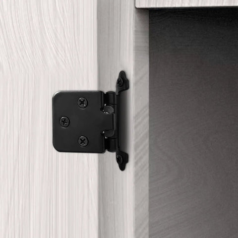 Matte Black Overlay Cabinet Door Hinges Set For Half Inch Overlay SelfClosing Hardware For Kitchen Cabinets Cupboards And Furniture Doors 50 Pieces 25 Pairs attached to a white cupboard door.