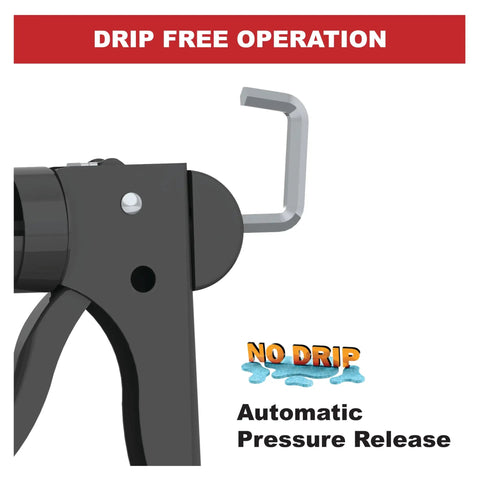 Close-up of no-drip feature on No Drip Manual Caulking Gun For One Tenth Gallon Cartridges With Hex Rod 10 To 1 Drive Viper Line Series Pro Grade