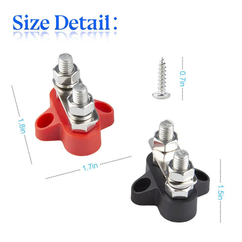 Size detail of Top Notch 2 Pack 5/16 Inch Bus Bar Power Distribution Junction Block With M8 Positive Negative Terminals.