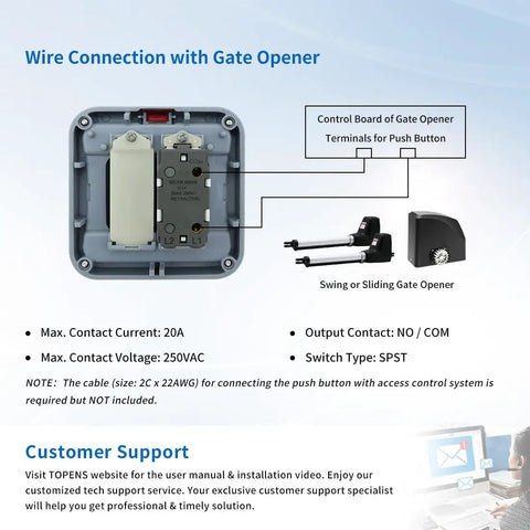 Diagram of weatherproof wall push button release switch wiring for outdoor gate opener and access control systems.