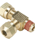 Built Tough Compression Air Brake Fitting Tee For Semi Trucks And Trailers Brass Tube To Pipe Connector with ribbed sleeves.