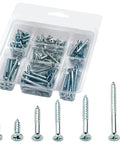 The Real Deal 140 Piece Wood Screws Assortment Kit With Rust Resistant Zinc Plated Steel Flat Head Phillips Drive Screws in storage case.