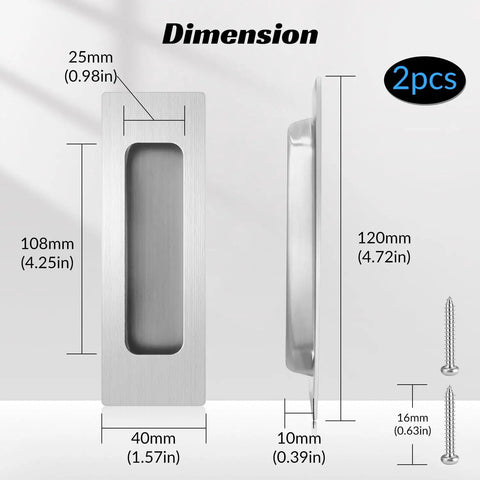 Dimensions of Two Pack Rectangular Recessed Sliding Closet Door Pulls Stainless Steel Handles 120mm by 40mm with screws shown