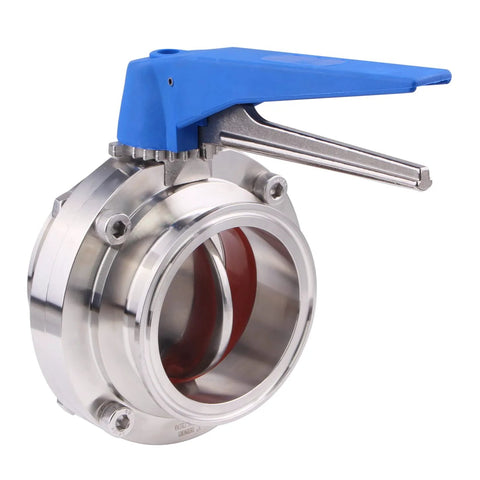 Butterfly valve with blue trigger handle, 3-inch Tri-Clamp, stainless steel 304, Clover style.