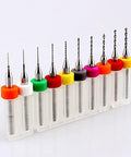 Carbide Micro Drill Bits Set 10 Piece 0.3mm to 1.2mm displayed with colorful holders for jewelry making and PCB modeling.