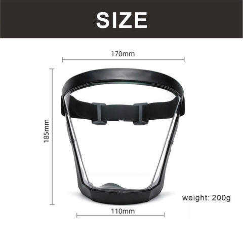 Front view of Super Protective Face Shield for Adults, Anti Fog Clear Plastic Face Mask, flexible lens, black shield, measurements visible.